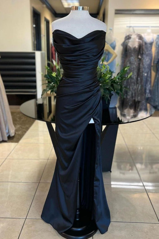 Mermaid Strapless Long Satin Pleated Prom Dress with Slit