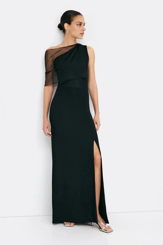 Black Mesh Dress Sleeveless Floor Length Gown Fitted Formal Dress One Shoulder Dress Mesh Cocktail Gown Prom Dress With Slit
