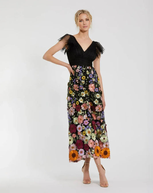 Dress Black Multicolor Embroidered Flutter Sleeve Floral Maxi Dress Evening Dress A-Line Ruffled Pleated Prom Dress