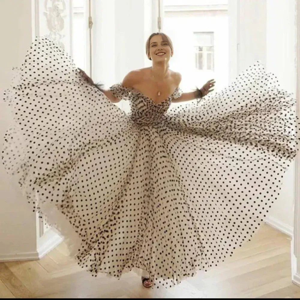 Formal Wear Dresses Off-the-Shoulder Black Polka Dot Tulle Gown Wedding Dress Prom Dress Shops