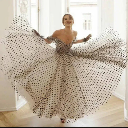 Formal Wear Dresses Off-the-Shoulder Black Polka Dot Tulle Gown Wedding Dress Prom Dress Shops