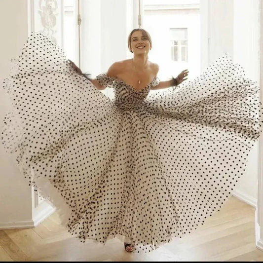 Formal Wear Dresses Off-the-Shoulder Black Polka Dot Tulle Gown Wedding Dress Prom Dress Shops