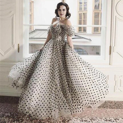 Formal Wear Dresses Off-the-Shoulder Black Polka Dot Tulle Gown Wedding Dress Prom Dress Shops