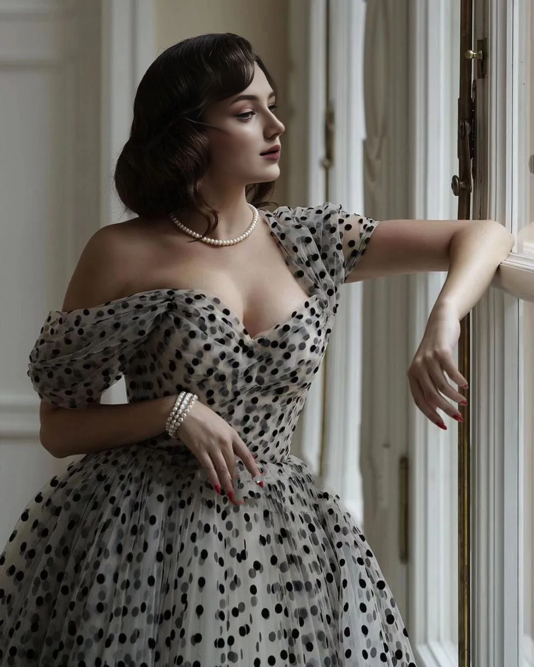 Formal Wear Dresses Off-the-Shoulder Black Polka Dot Tulle Gown Wedding Dress Prom Dress Shops