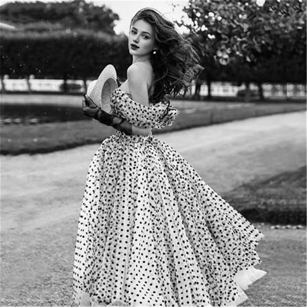 Formal Wear Dresses Off-the-Shoulder Black Polka Dot Tulle Gown Wedding Dress Prom Dress Shops