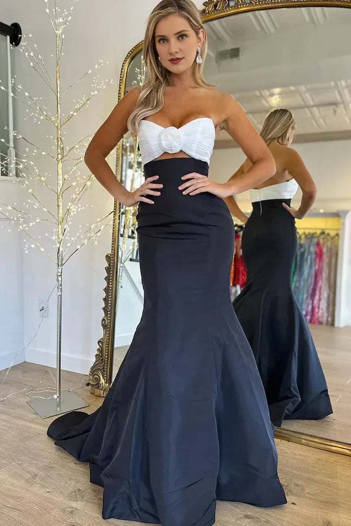 Off-the-Shoulder Black Strapless Satin Long Mermaid Prom Dress With Train