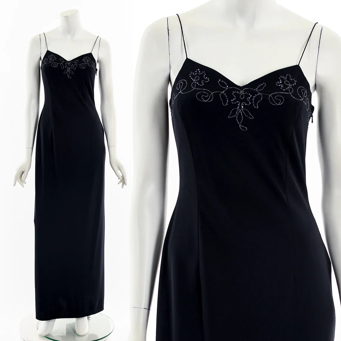 Black V Neck Beaded Sleeveless Spaghetti Straps Floor Length Prom Party Dress