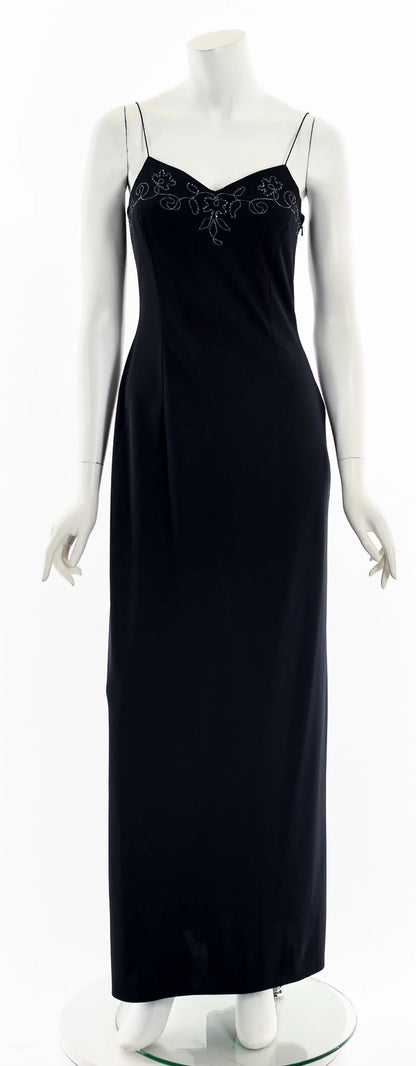 Black V Neck Beaded Sleeveless Spaghetti Straps Floor Length Prom Party Dress