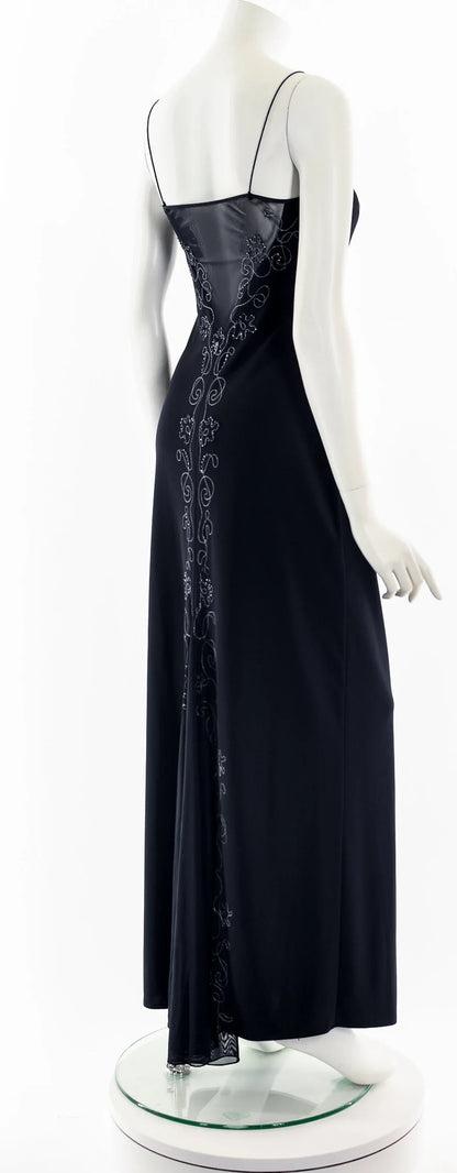 Black V Neck Beaded Sleeveless Spaghetti Straps Floor Length Prom Party Dress