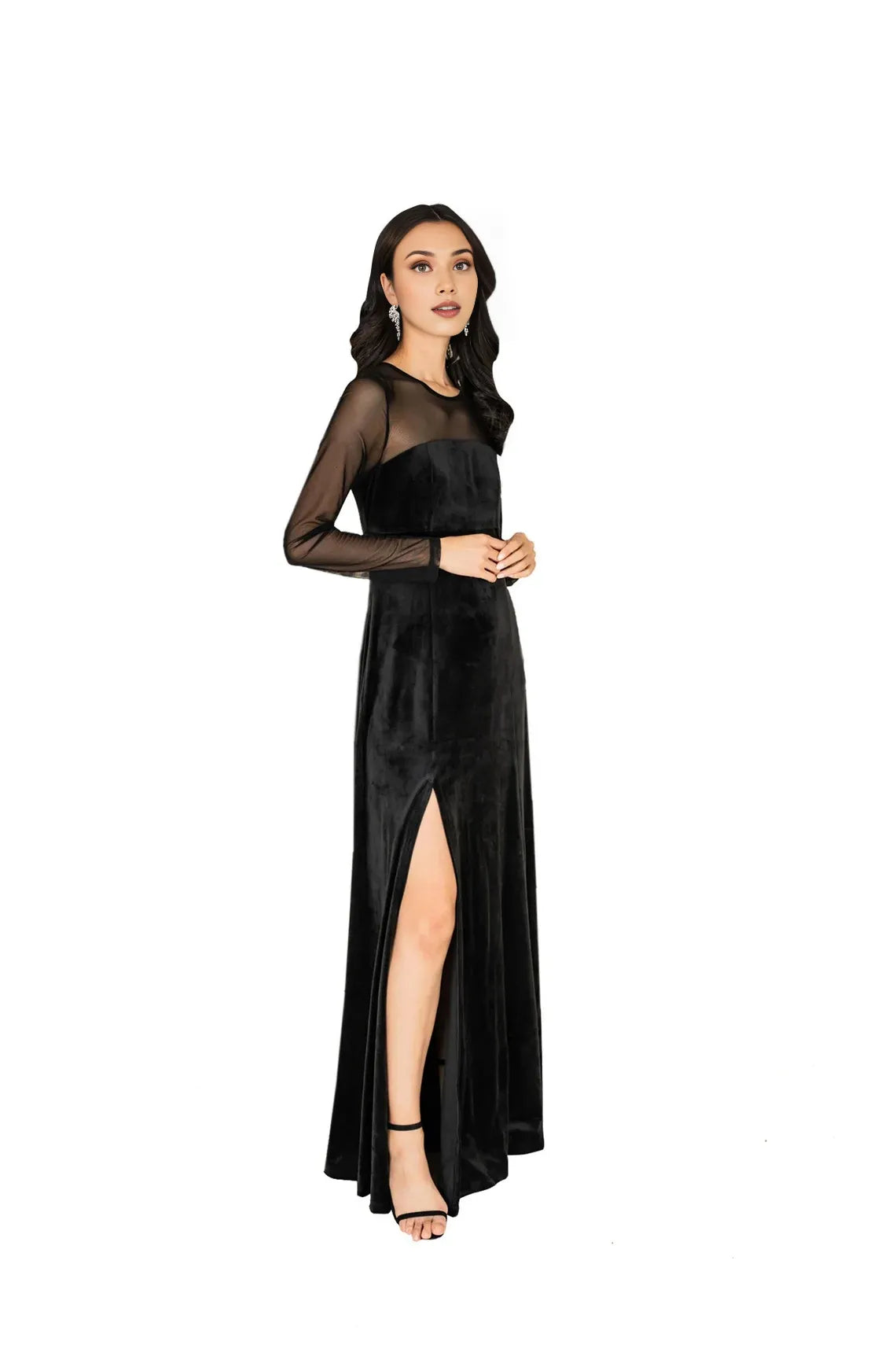Black Velvet Dress Floor Length Neck Long Sleeves Round Neck Bridesmaid Dress Prom Gown With Slit