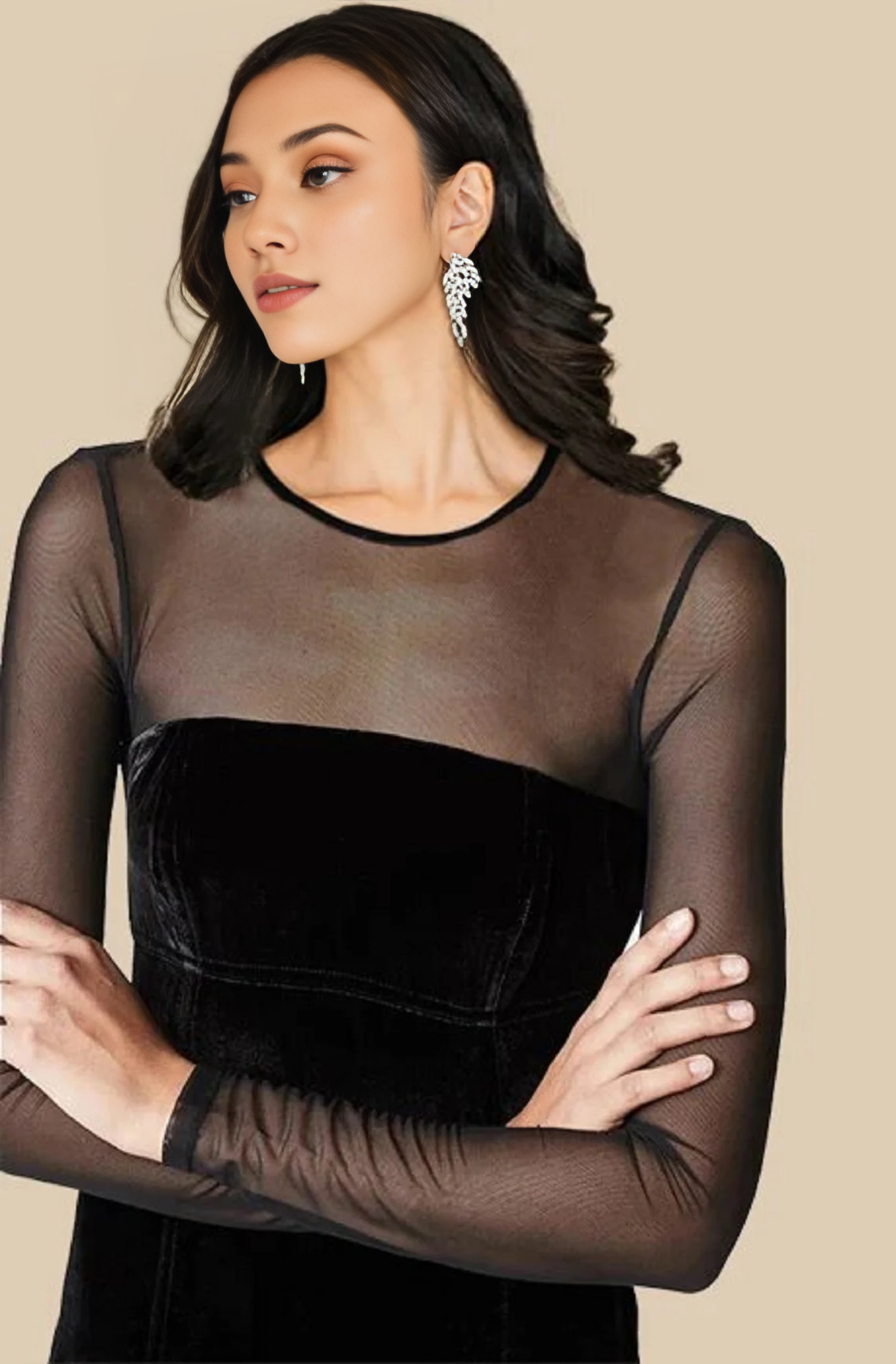 Black Velvet Dress Floor Length Neck Long Sleeves Round Neck Bridesmaid Dress Prom Gown With Slit
