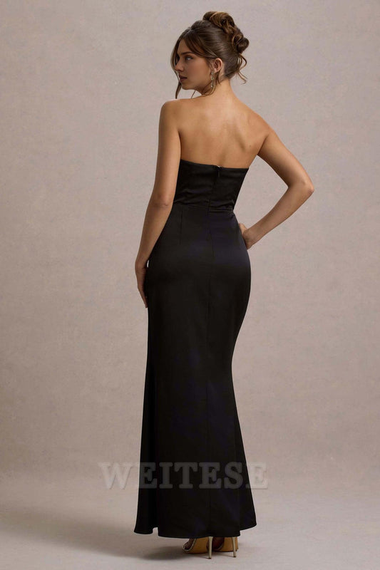 Dress Champagne Satin Strapless Draped Maxi Dress Prom Dress Strapless Mermaid Long Pleated Bridesmaid Dress