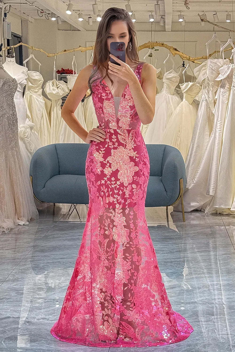 Bling Mermaid Deep V Neck Fuchsia Long Prom Dress with Embroidery