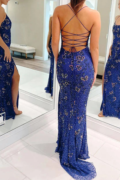 Bling Mermaid Spaghetti Straps Royal Blue Floor Length Prom Dress With Butterfly