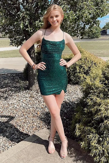 Bling Sheath Spaghetti Straps Sequins Short Homecoming Dress with Criss Cross Back