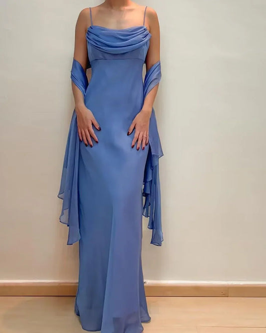 Formal Women's Dresses Spaghetti Straps Blue Chiffon Sheath Long Prom Dresses Prom Dresses Stores