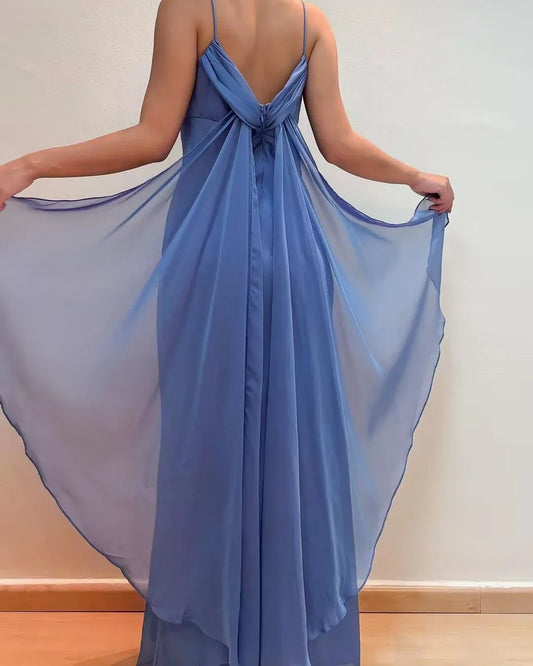 Formal Women's Dresses Spaghetti Straps Blue Chiffon Sheath Long Prom Dresses Prom Dresses Stores