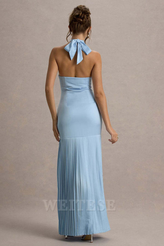 Dress Burgundy Satin Cross Halter-Neck Plisse Maxi Dress Prom Dress Lace Up Sleeveless Hem Slit Bridesmaid Dress