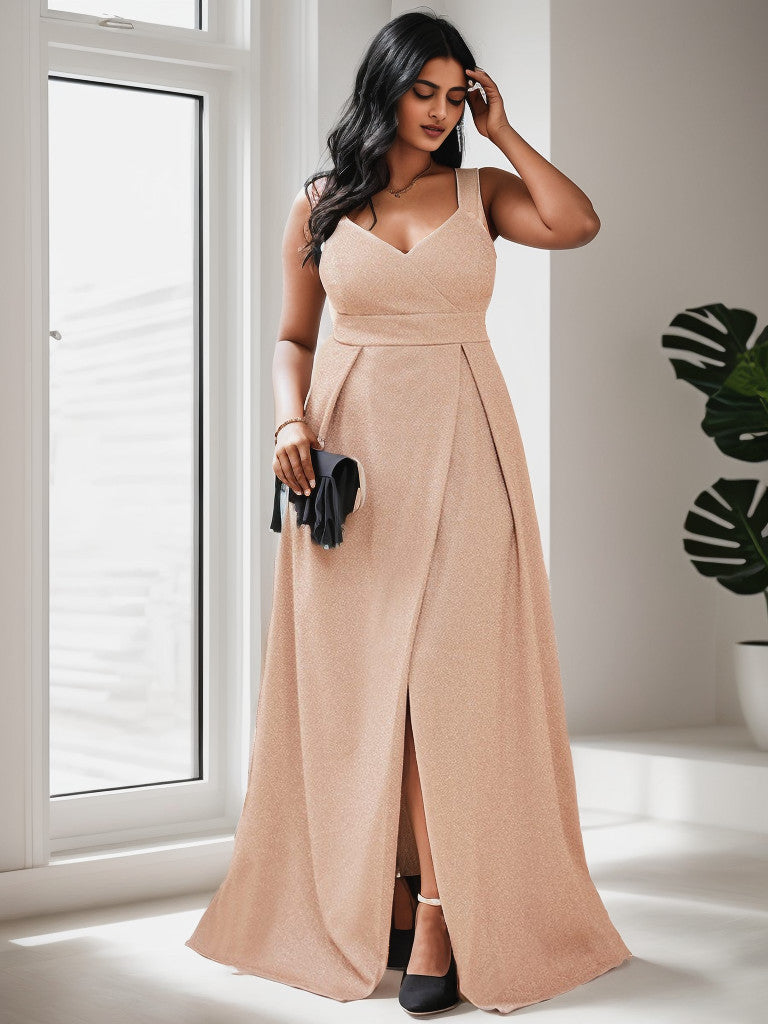 Plus Size Spaghetti Strap Shiny Formal Evening Dress for Wedding