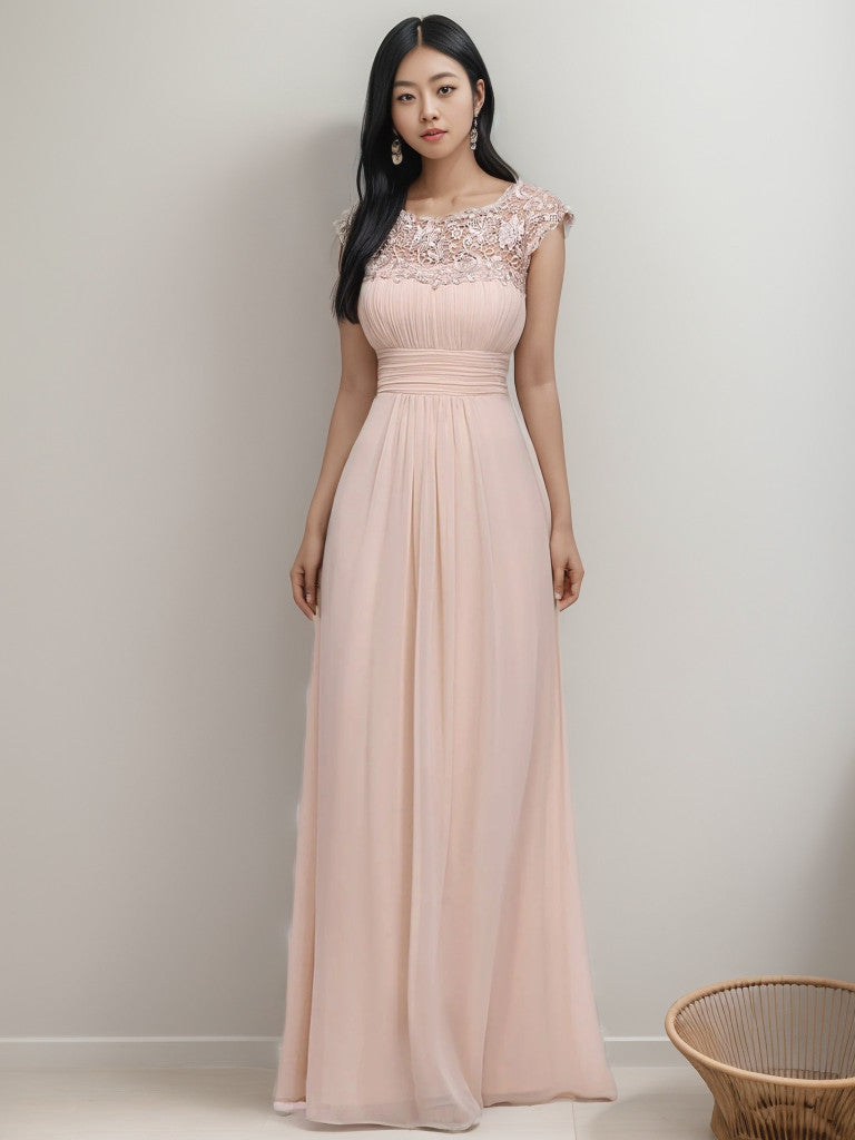 Maxi Lace Cap Sleeve Long Formal Evening Dress