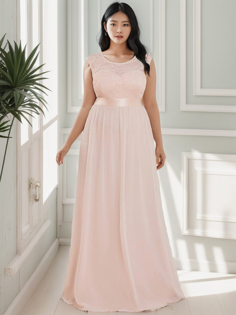 Plus Size Classic Round Neck V Back A-Line Chiffon Bridesmaid Dresses with Lace