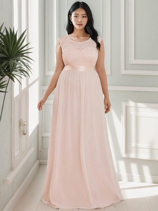 Plus Size Classic Round Neck V Back A-Line Chiffon Bridesmaid Dresses with Lace
