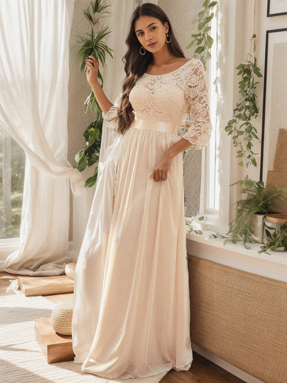 See-Through Floor Length Lace Chiffon Evening Dress with Half Sleeve