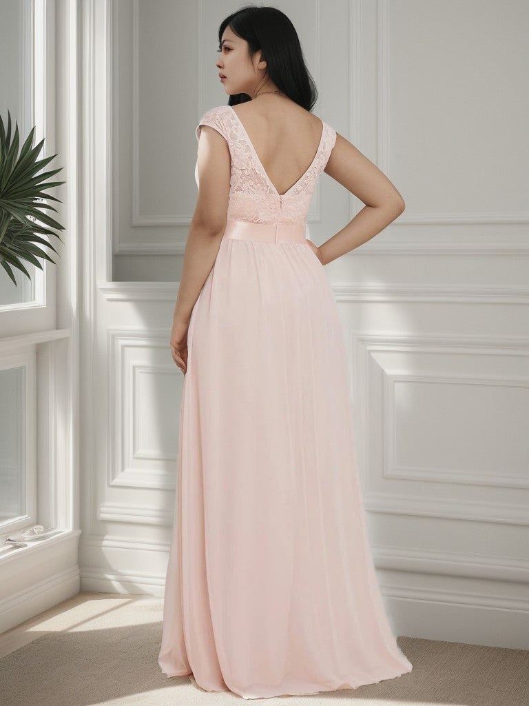 Plus Size Classic Round Neck V Back A-Line Chiffon Bridesmaid Dresses with Lace