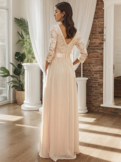 See-Through Floor Length Lace Chiffon Evening Dress with Half Sleeve