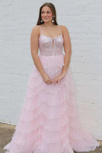 Blush Pink Spaghetti Strap Sequin Corset Tiered Ruffle Tulle Prom Dress