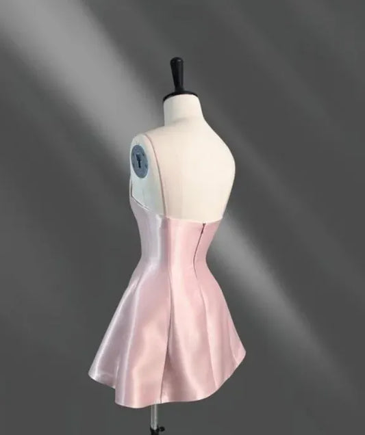 Blush Pink Spaghetti Strap Satin A-Line Short Homecoming Dress