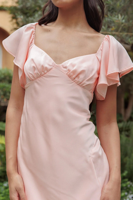 Dress Stylish Peach Satin Midi Dress Sweetheart Neck Flutter Sleeves And Side Slit Design Prom Dress