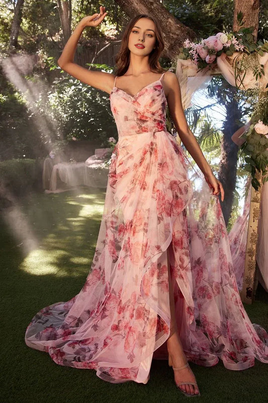 Dress Blush Floral Tulle Gown Spaghetti Straps Plunging V Neck Printed Bodice And A Bold High Slit Prom Dress