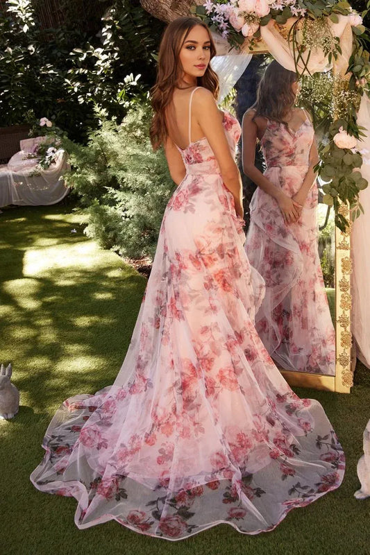 Dress Blush Floral Tulle Gown Spaghetti Straps Plunging V Neck Printed Bodice And A Bold High Slit Prom Dress