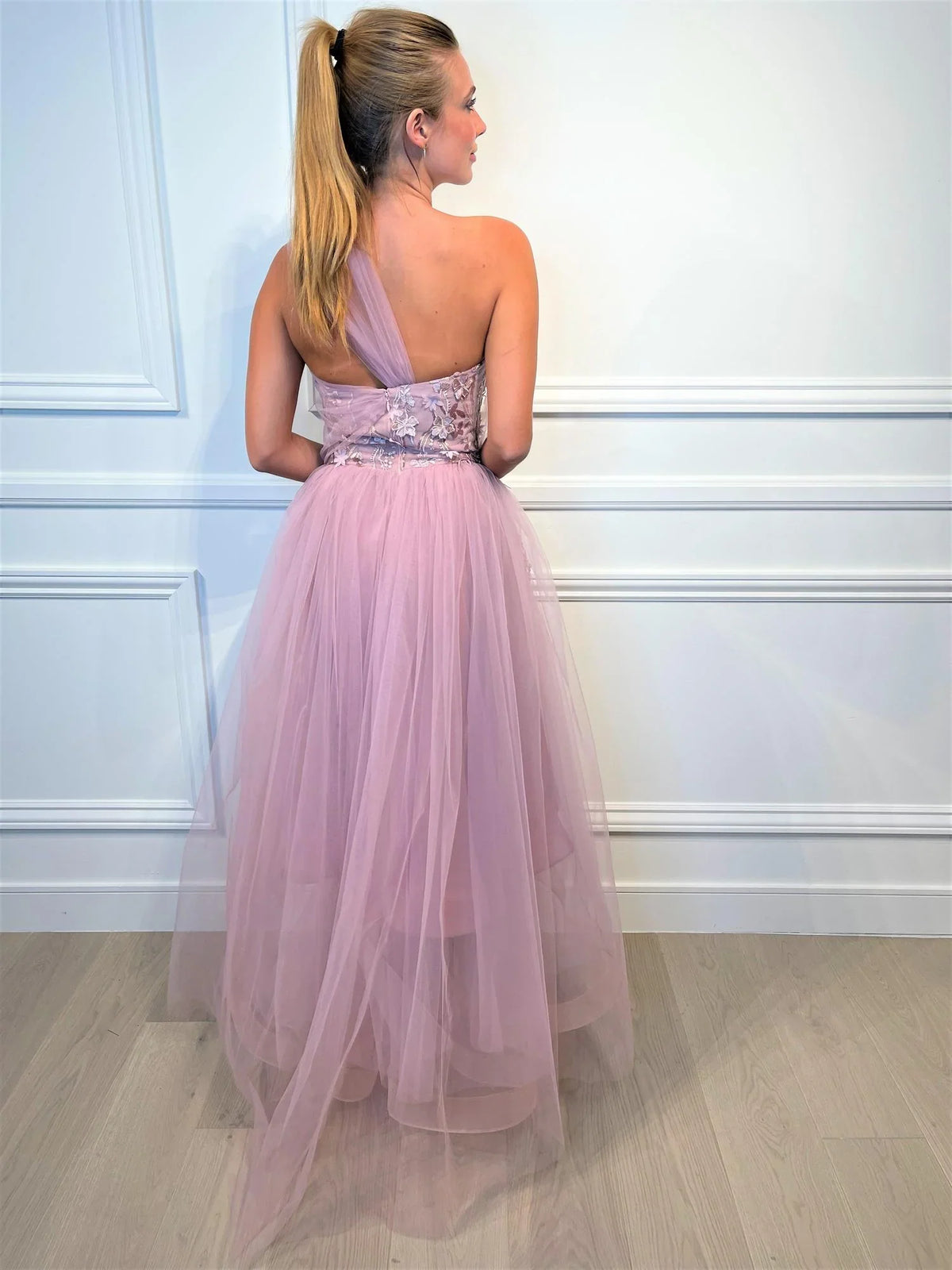 Dress Blush Tulle Gown One Shoulder Neck Embroidered Bodice Tulle Skirt And A High Low Hem Prom Dress