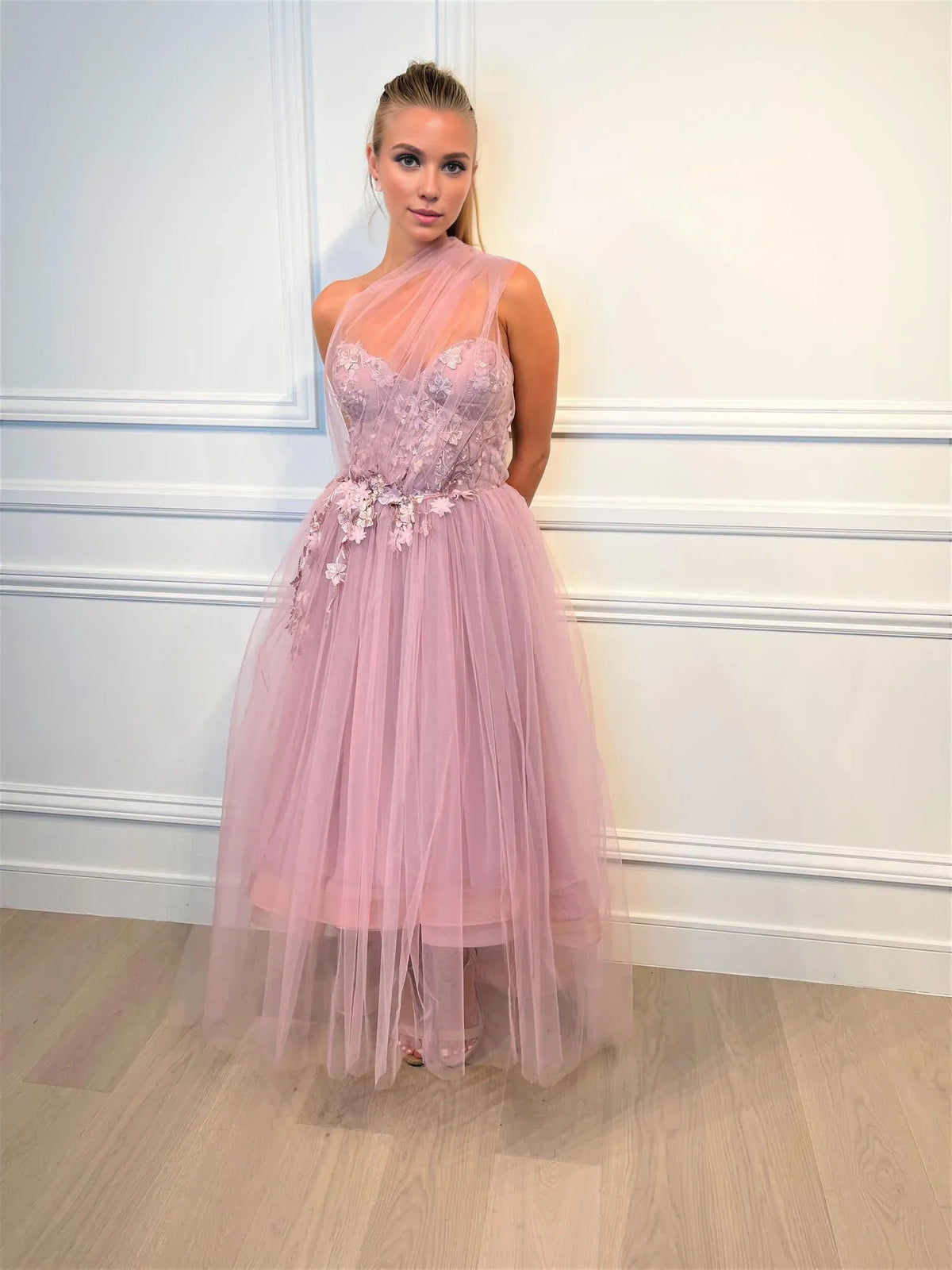 Dress Blush Tulle Gown One Shoulder Neck Embroidered Bodice Tulle Skirt And A High Low Hem Prom Dress