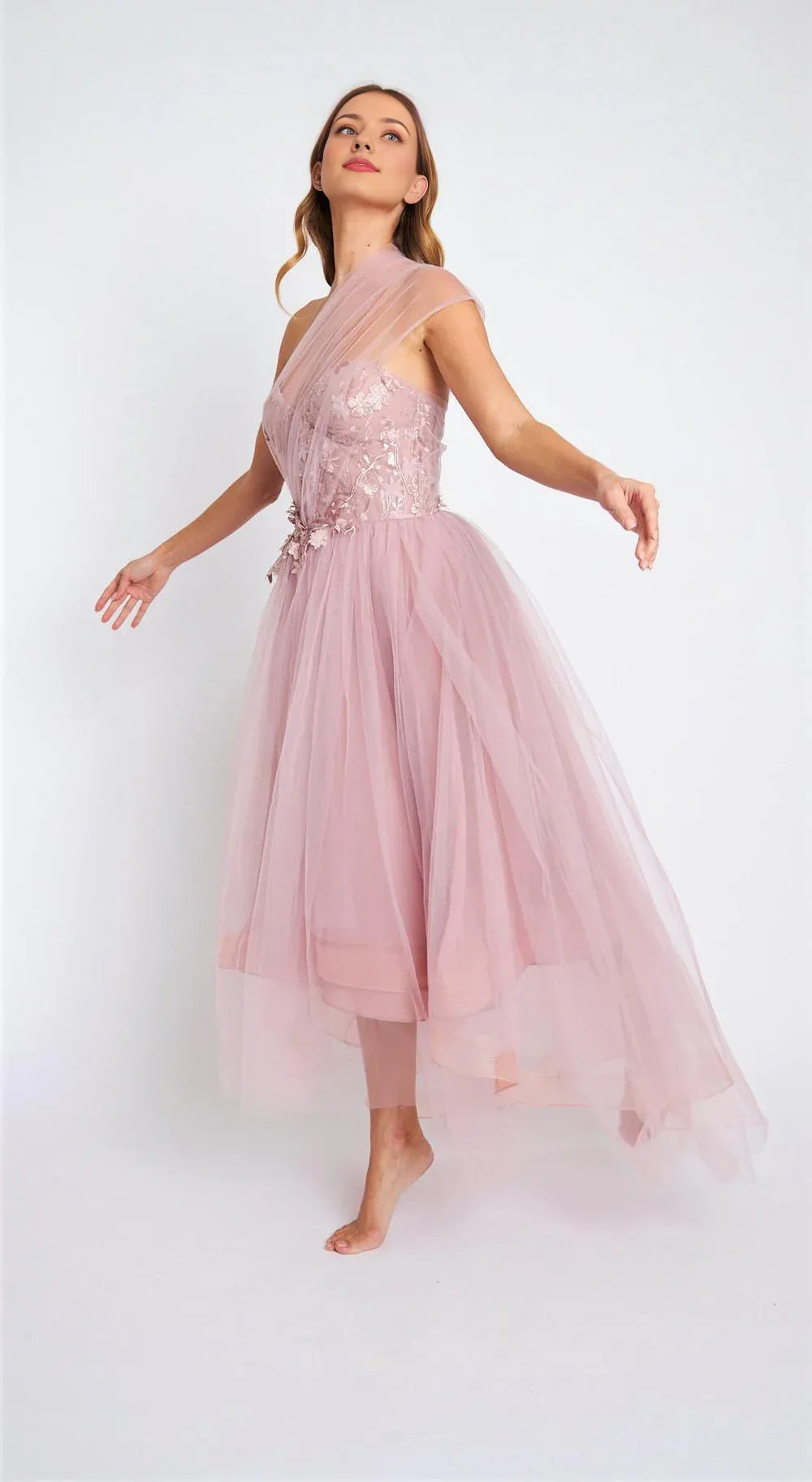 Dress Blush Tulle Gown One Shoulder Neck Embroidered Bodice Tulle Skirt And A High Low Hem Prom Dress