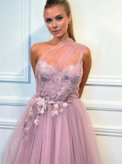 Dress Blush Tulle Gown One Shoulder Neck Embroidered Bodice Tulle Skirt And A High Low Hem Prom Dress