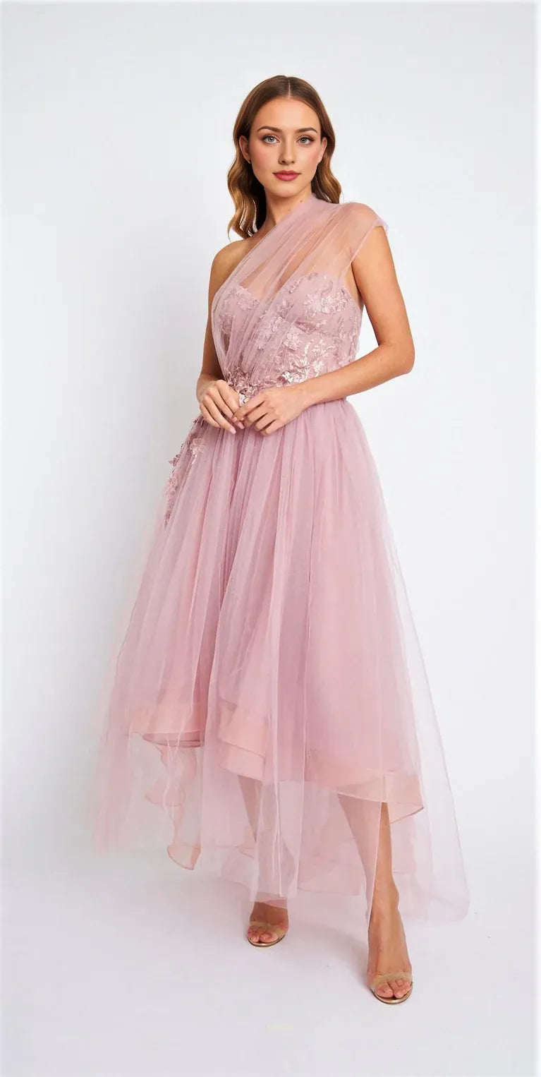 Dress Blush Tulle Gown One Shoulder Neck Embroidered Bodice Tulle Skirt And A High Low Hem Prom Dress