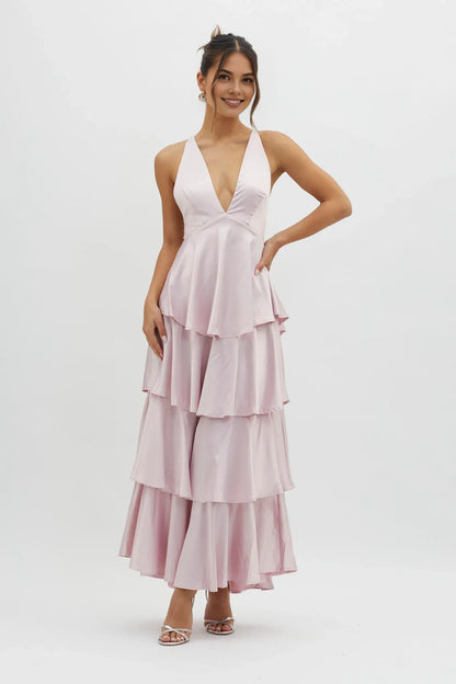 Dress A-line Spaghetti Straps Deep V Neck Tiered Frill Strappy Open Back Prom Dress Lilac
