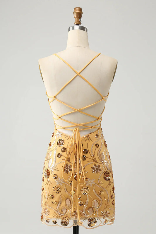 Bodycon Spaghetti Straps Lace Up Back Short Homecoming Dress with Sequins