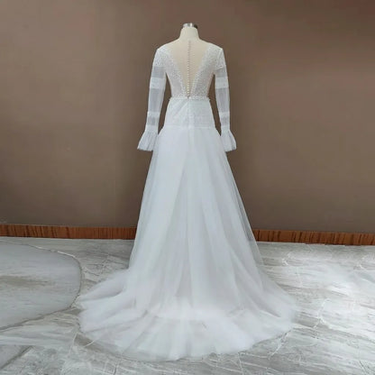Bohemian A-Line Deep V Neck Long Sleeve Tulle Wedding Dress