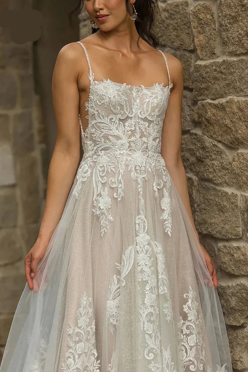 Bohemian Square Neck Sleeveless A-Line Tulle Lace Applique Long Wedding Dress
