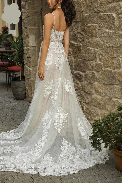 Bohemian Square Neck Sleeveless A-Line Tulle Lace Applique Long Wedding Dress