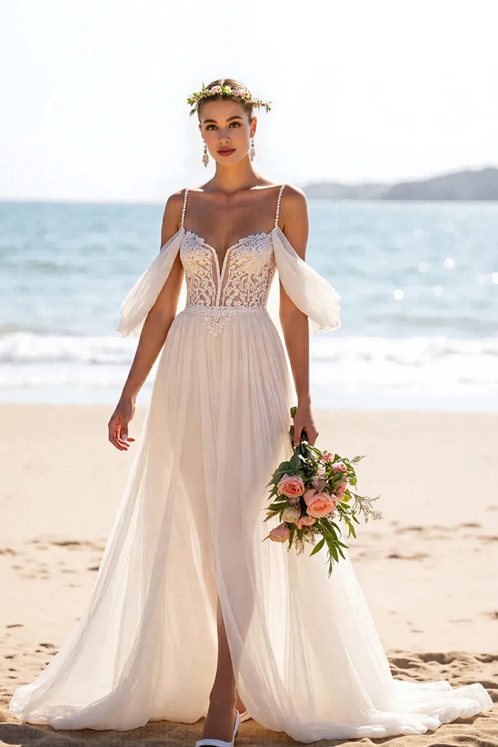 Boho A-Line Off the Shoulder Sleeveless Slit Chiffon Sweep Train Wedding Dress
