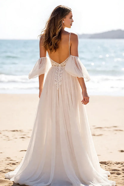 Boho A-Line Off the Shoulder Sleeveless Slit Chiffon Sweep Train Wedding Dress