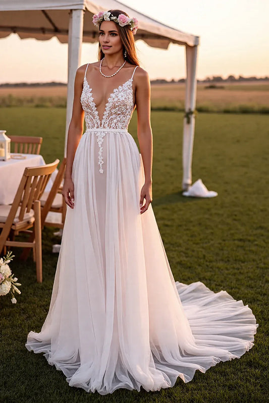 Boho A-Line Spaghetti Straps Sleeveless Chiffon Sweep Train Wedding Dress