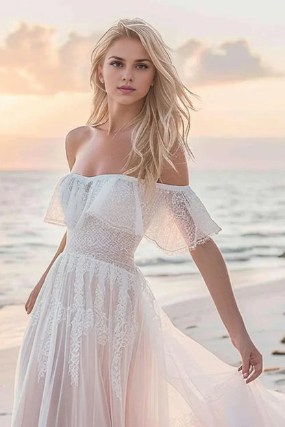 Boho A Line Off the Shoulder Sleeveless Lace Sweep/Brush Train Wedding Dress