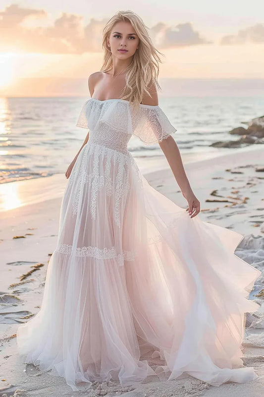 Boho A Line Off the Shoulder Sleeveless Lace Sweep/Brush Train Wedding Dress