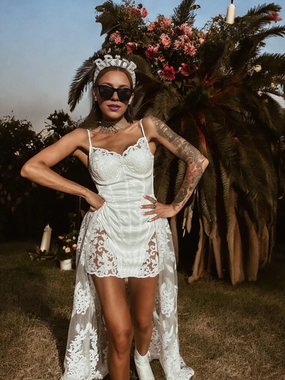 Boho Bridal Mini Wedding Party Gown With Train Bohemian Reception Dress Bachelorette Party Spaghetti Straps Dress Fringe Dress Tulle